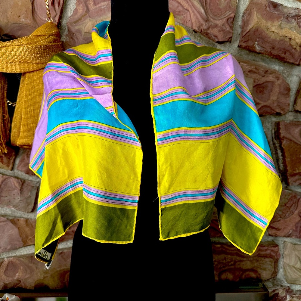 BURMEL Silk Scarf, Green Blue Black Vintage, Hand-rolled Hem, Japan‎